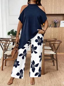EMERY ROSE Women's Fashionable Off-Shoulder Casual Suit For Summer - Blue and White - View 1
