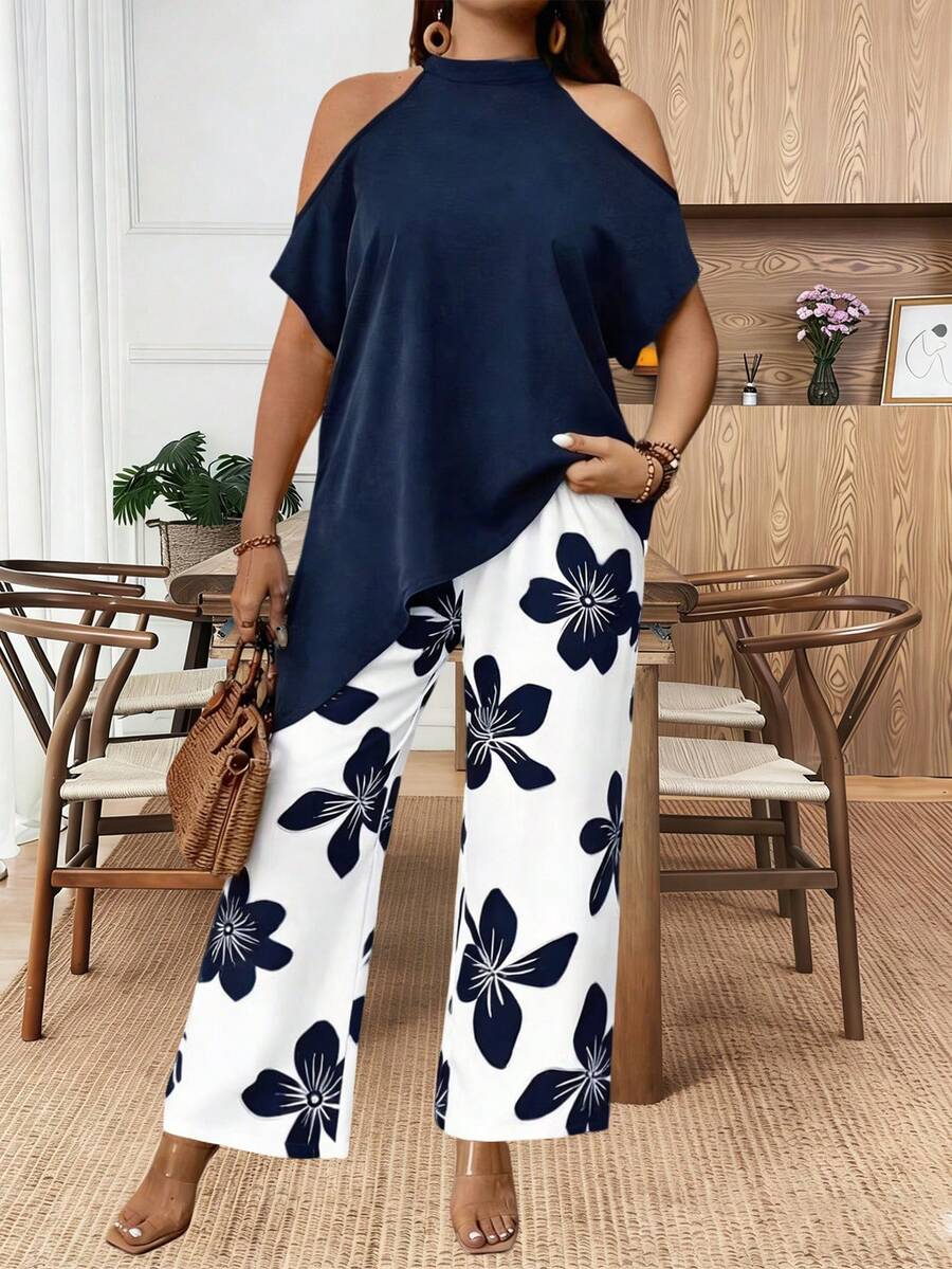 EMERY ROSE Women's Fashionable Off-Shoulder Casual Suit For Summer - Blue and White - View 1