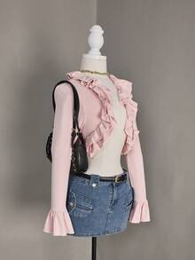 Glisette Ruffled Hem Fitted Flare Sleeve Design Fashionable Blouse, Suitable For Spring & Autumn - Baby Pink - View 4
