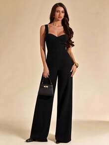 SHEIN BAE 黑色吊带露背连体裤，优雅女士内衣，日常约会装，外出装，派对装，不对称阔腿连体裤，情人节连体裤，休闲连体裤，优雅连体裤 - 黑色 - 查看 4