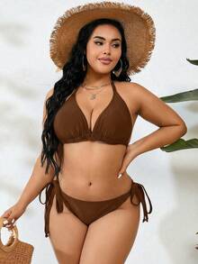 Swim Vcay 大码女士三件套纯色露背系带挂脖比基尼套装，适合海滩和度假穿着 - 棕色 - 查看 3
