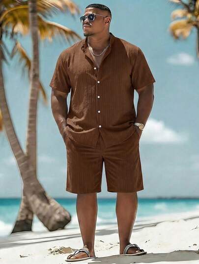 Naviga Onda Conjunto de Camisa de Manga Curta e Shorts de Cor Sólida para Praia, Plus Size Masculino