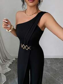 Elenzga Women's Metal Waist Design One-Shoulder Jumpsuit - Black - View 6
