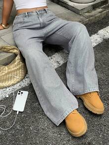 Dazy Plus Jeans larghi e dritti casual con stampa integrale e decorazioni in strass, per donna taglia comode, primavera/estate - Grigio - Visualizzare 2