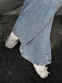 Dazy Plus Plus Size Women's Casual Elegant Gradient Rhinestone Design Loose Straight Leg Jeans, Suitable For All Seasons - Light Wash - View 3