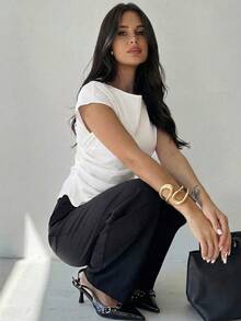 Firerie 休闲优雅格纹不对称下摆衬衫，适合通勤、日常休闲和时尚商务穿着/秋季女装/返校季/教师装/外出上衣/商务休闲女装/条纹衬衫/商务休闲女装/教师衬衫 - 白色 - 查看 6