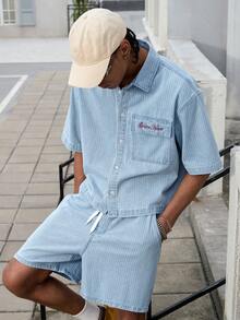 GALLERY FADE 男士街头时尚休闲条纹刺绣蓝色牛仔套装 - 淺色水洗藍 - 查看 8