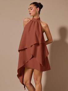 SHEIN BAE 鐵鏽棕優雅掛脖露背緞面A字洋裝，適合夏季日場派對、婚禮賓客、度假海灘、晚宴、聖誕節、萬聖節女性洋裝 - 棕色 - 查看 4