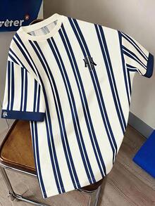 Vacaura 1件休闲简约蓝色条纹圆领T恤，适合青少年男孩，面料舒适，夏季新款，适合多种场合和季节。 - 藍白色 - 查看 1