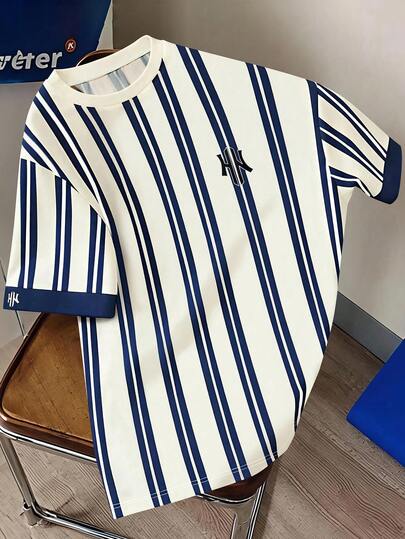 Vacaura Áo thun cổ tròn kẻ sọc xanh dương tối giản, kiểu dáng thường ngày dành cho nam thiếu niên, chất liệu thoải mái, phong cách mùa hè mới, phù hợp cho nhiều dịp và mùa.