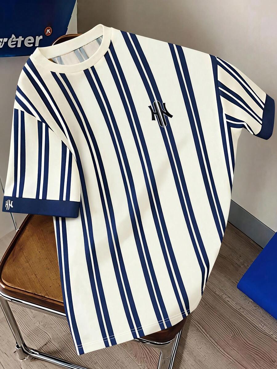 Vacaura 1件休闲简约蓝色条纹圆领T恤,适合青少年男孩,面料舒适,夏季新款,适合多种场合和季节。 - 藍白色 - 查看 1