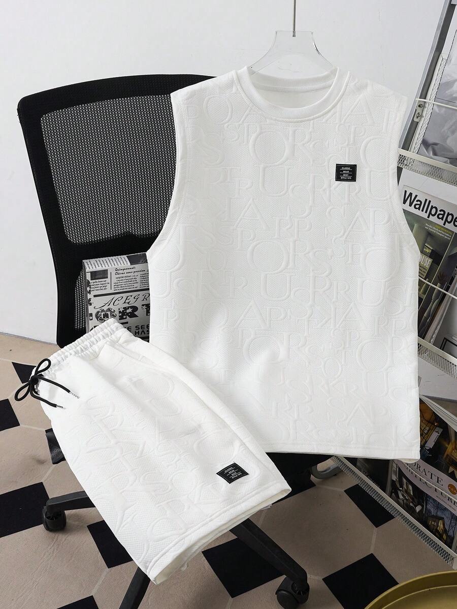 Manfinity Joysei Men's Letter Jacquard Tank Top And Shorts Casual Set - White - View 1