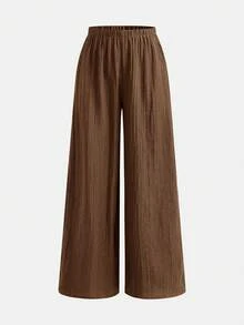 SHEIN 少女春夏度假休闲时尚编织纹理蓝色无袖上衣搭配直筒裤套装，适合度假、派对、优雅场合、返校季、春季野餐、日常穿着。 - 棕色 - 查看 5