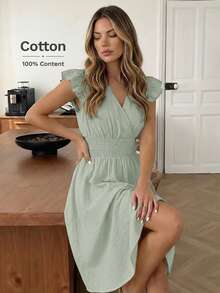 Easowa Đầm xòe chữ A tay ngắn nhún bèo, eo xếp ly, chất liệu vải crepe cotton 100%, kiểu dáng thoải mái, thanh lịch, thích hợp mặc đi làm, đi nghỉ dưỡng, mùa xuân/hè dành cho nữ. - Xanh nhạt - Xem 3
