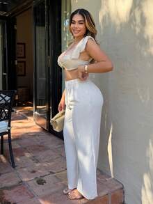 Maria Perezxox 海滩新款春夏休闲度假蝴蝶结肩带裹胸心形领短款上衣+阔腿超长裤杏色女两件套Se，纹理面料材质 - 杏色 - 查看 3