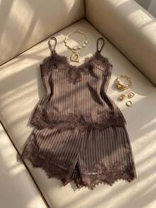 SHEIN EZwear Bộ đồ nữ gồm áo hai dây và quần short kiểu dáng thường ngày, phối ren dệt sọc. - Cà phê nâu - Xem 8