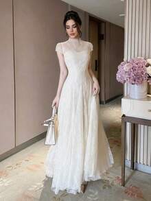 Firerie Đầm dạ hội thanh lịch, tinh tế, lãng mạn dành cho nữ, thích hợp dự tiệc cưới, hở lưng, chất liệu jacquard. - trắng - Xem 11