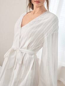 Ocili 100%纯棉波西米亚提花针织柔软系带睡袍，休闲家居服 - 白色 - 查看 5