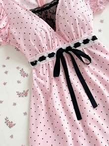 女士甜美时尚波点印花系带蕾丝拼接连衣裙 - 粉色 - 查看 5