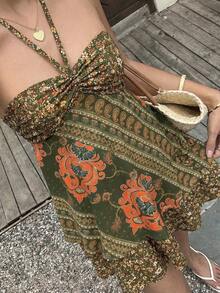 SHEIN Tall Women's Olive Green Summer Boho Jamican Beach Vacation Holiday Paisley Print Bustier Halter Tie Bow Mini Dress,Retro Multi-Color Ruched Tiered Hem - Multicolor - View 6
