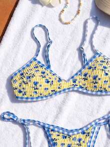 Swim Mod 女士沙滩装，时尚可爱度假海滨游艇派对撞色随机印花格子超细比基尼套装，配有可调节细肩带抹胸上衣和侧系带可爱泳裤 - 彩色 - 查看 6