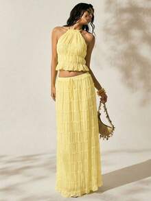 Easelle Conjunto de top halter sin espalda y falda de cintura baja de estilo romántico para vacaciones en color amarillo mantequilla, conjunto de 2 piezas para mujer, conjunto de verano para vacaciones - Amarillo - Ver 5