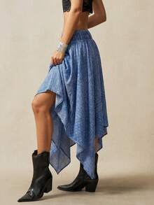 Bohemela Chân váy denim nữ kiểu retro thường ngày, in họa tiết toàn thân, vạt bất đối xứng, cạp chun. - Rửa nhẹ - Xem 7