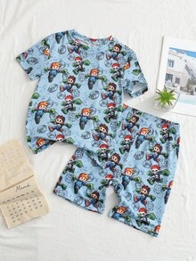 Set Piyama Musim Panas Modis 2pcs/Set Atasan Lengan Pendek dan Celana Pendek Rajut Motif Kartun Lucu, Nyaman, Lembut, Ramah Kulit, Pas di Badan untuk Dipakai di Musim Panas - MultiWarna - View 7