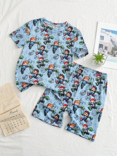 2件套夏季时尚可爱卡通图案针织短袖上衣和短裤睡衣套装，舒适柔软亲肤，贴身舒适，适合夏季穿着