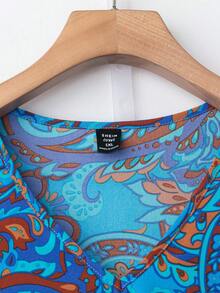 Linhara Plus Size Women's Paisley Colorful Cashew Flower Print V-Neck Ruffle Sleeve Top And Solid Color Drawstring Pants 2-Piece Set - Blue - View 4