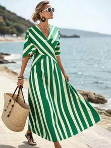 SHEIN Holidaya 女士黄色条纹宽松度假春夏V领修身蝙蝠袖连衣裙，适合度假、休闲、居家和日常活动 - Limelight Green - 查看 4