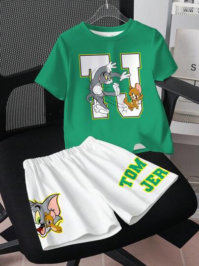 TOM & JERRY X SHEIN 卡通印花短袖T恤和短裤休闲套装，适合小男孩