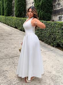 Maria Perezxox 优雅 V 领挂脖长裙，白色，度假风格 - 白色 - 查看 4