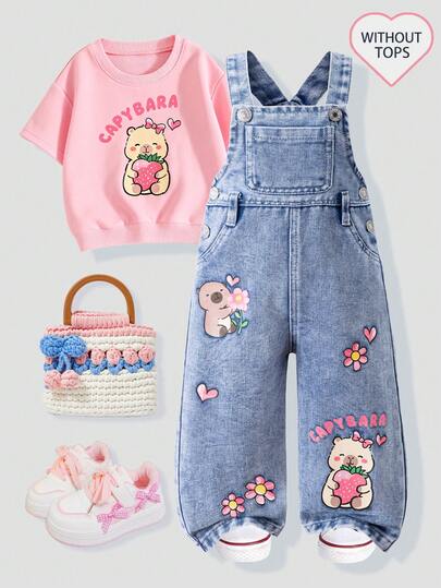 SHEIN Playful Pals 1 Pair Of Baby Girls' 2026 Spring/Summer New Arrival Cute Cartoon Capybara Print Denim Overalls (Without Top) Comfortable Cotton-Blend Denim Fabric Light Blue Washed Finish Classic Adjustable Strap Design Functional Flap Pocket On Chest Cartoon Applique Embroidery On Legs Loose Fit For Freedom Of Movement School Daily Outfit Outdoor Travel Versatile Style Kids' Fashion Casual Wear Babies Clothes For Girls Outfit For Baby Girl Girl Spring Outfit