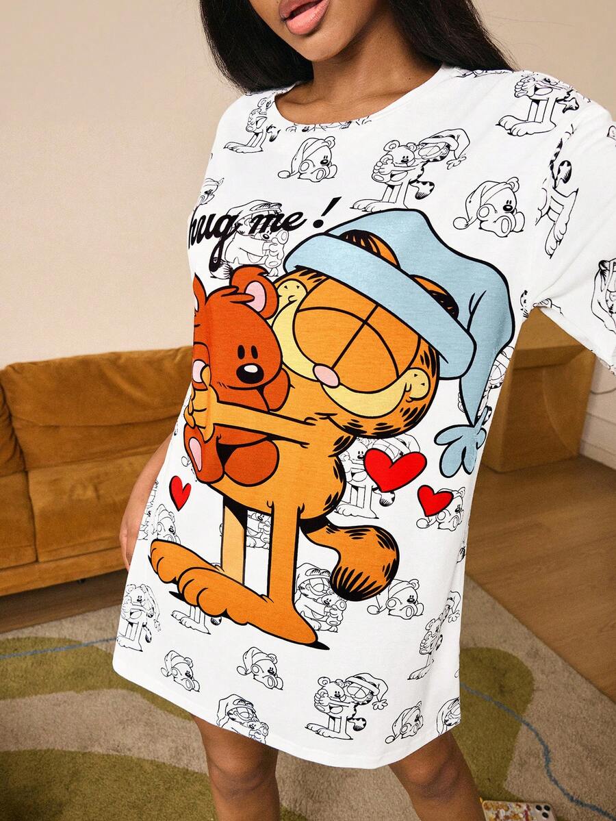 GARFIELD | SHEIN 女士休闲可爱卡通字母印花宽松夏季睡裙 - 白色 - 查看 1