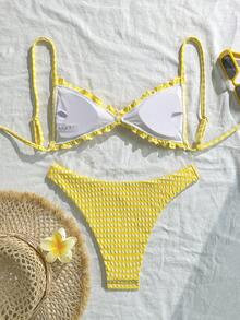 SHEIN Swim Mod Bộ bikini 2 mảnh vải dệt họa tiết, xếp ly phía trước, thắt nơ ở eo, kiểu dáng dễ thương, ngọt ngào, thời trang, năng động, thích hợp cho các bữa tiệc. - Màu vàng - Xem 3