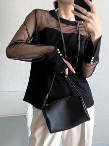 FRIFUL Damen Einfarbiges Mesh Patchwork Langarm Modisches T-Shirt - Schwarz - Übersicht 4