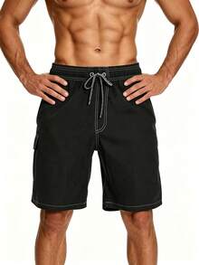 Manfinity KASUA Plus Size Men's Drawstring Waist Casual Versatile Beach Shorts, Holiday - Black - View 3
