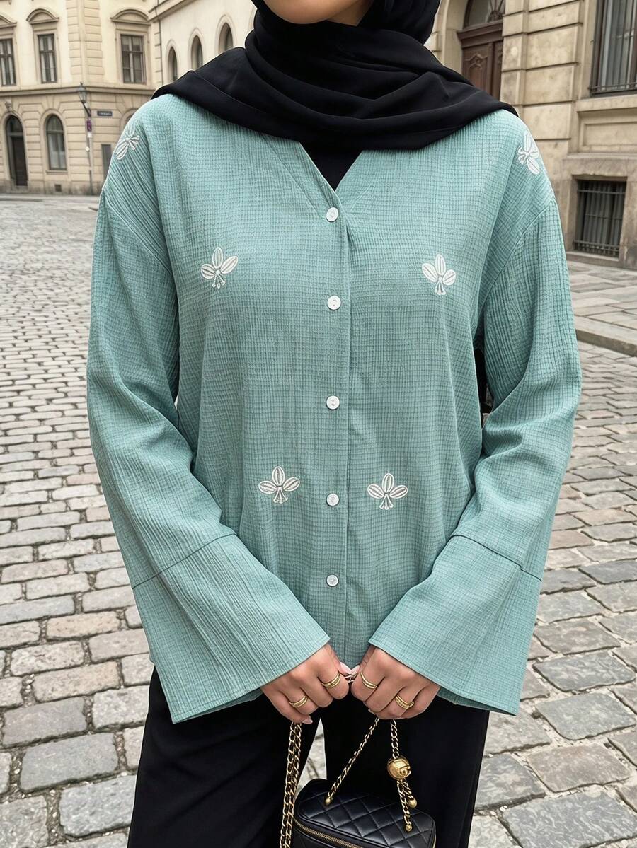 Veilorie Camisa de manga larga de uso diario versátil y casual con bordado floral de mujer - Morado - Ver 1