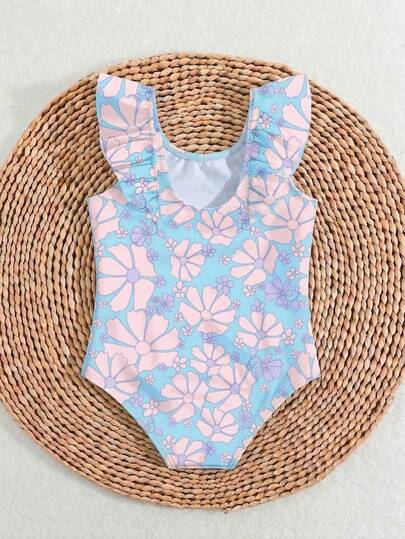 SHEIN Baby Girls' Swimsuit, Blue Base With Pink Floral Print One-Piece Swimwear, Ruffle Trim, Fitted Style, Suitable For Vacation & Summer