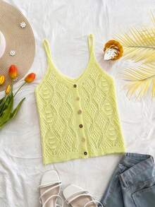 Franclia Lightweight Hollow-Out Knit Sleeveless V-Neck Vest Top, Retro Waistcoat For Summer - Light Yellow - View 4