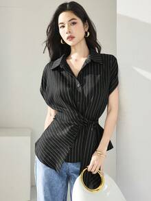 Heiryn 女士条纹休闲百搭日常衬衫 - 黑與白 - 查看 5