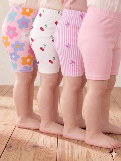 Bộ 4 quần short bé gái kiểu dáng thường ngày, thoải mái, dễ thương, họa tiết hoa, quả anh đào, nơ và sọc, phù hợp cho đi học, đi nghỉ mát, mặc hàng ngày và trang phục mùa hè.