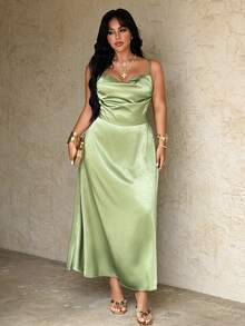 Rustia 休闲优雅法式极简主义垂褶领吊带长裙，A字版型，百搭实用，适合日常、派对、度假等场合，绿色，大码可选 - 綠色 - 查看 4