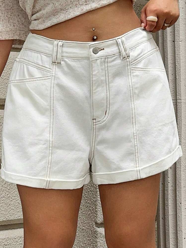 Dazy Plus Plus Size Women's Summer Low Waist Rolled Hem Decorative Stitching Casual Denim Shorts, White