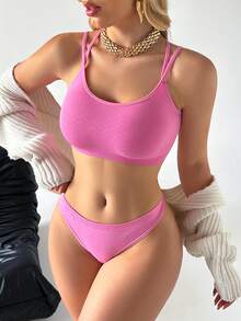 SuitURBody 女士时尚无缝吊带背心套装，交叉露背设计，舒适裸感，性感打底衫 - 粉色 - 查看 7