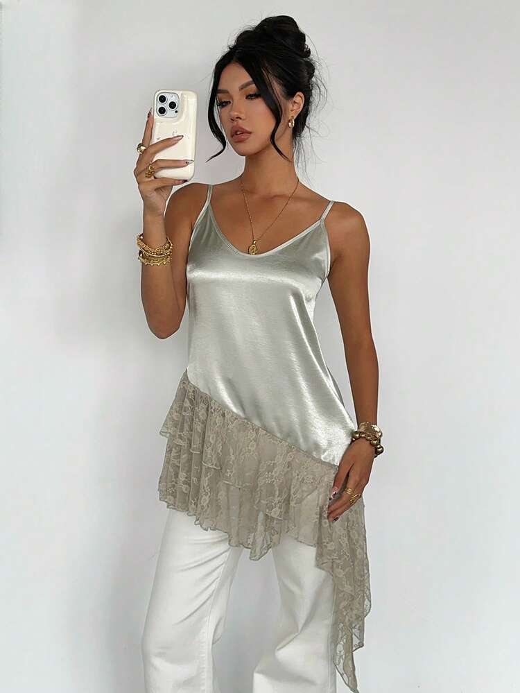 Women's Satin Contrast Lace Hem Asymmetrical Camisole