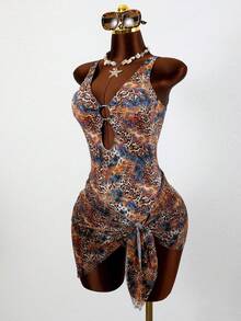 Bonvoyette Leopard Print Random Deep V Sexy One-Piece Swimsuit For Women, 2-Piece Set With Mesh Wrap Skirt, Beach Holiday Sexy Swimwear - Multicolor - View 3