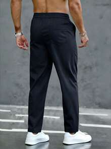 Manfinity Homme Men's Drawstring Waist Pockets Casual Versatile Daily Wear Pants - Navy Blue - View 2
