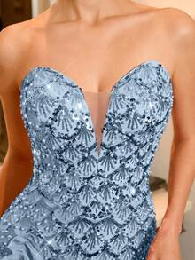 Poshira Strapless Deep V-Neck Rhinestone Sequined Mini Party Dress,3D Floral Design Short Hem Gown Birthday,Wedding Guest,Cocktail,Graduation Parties - Baby Blue - View 7